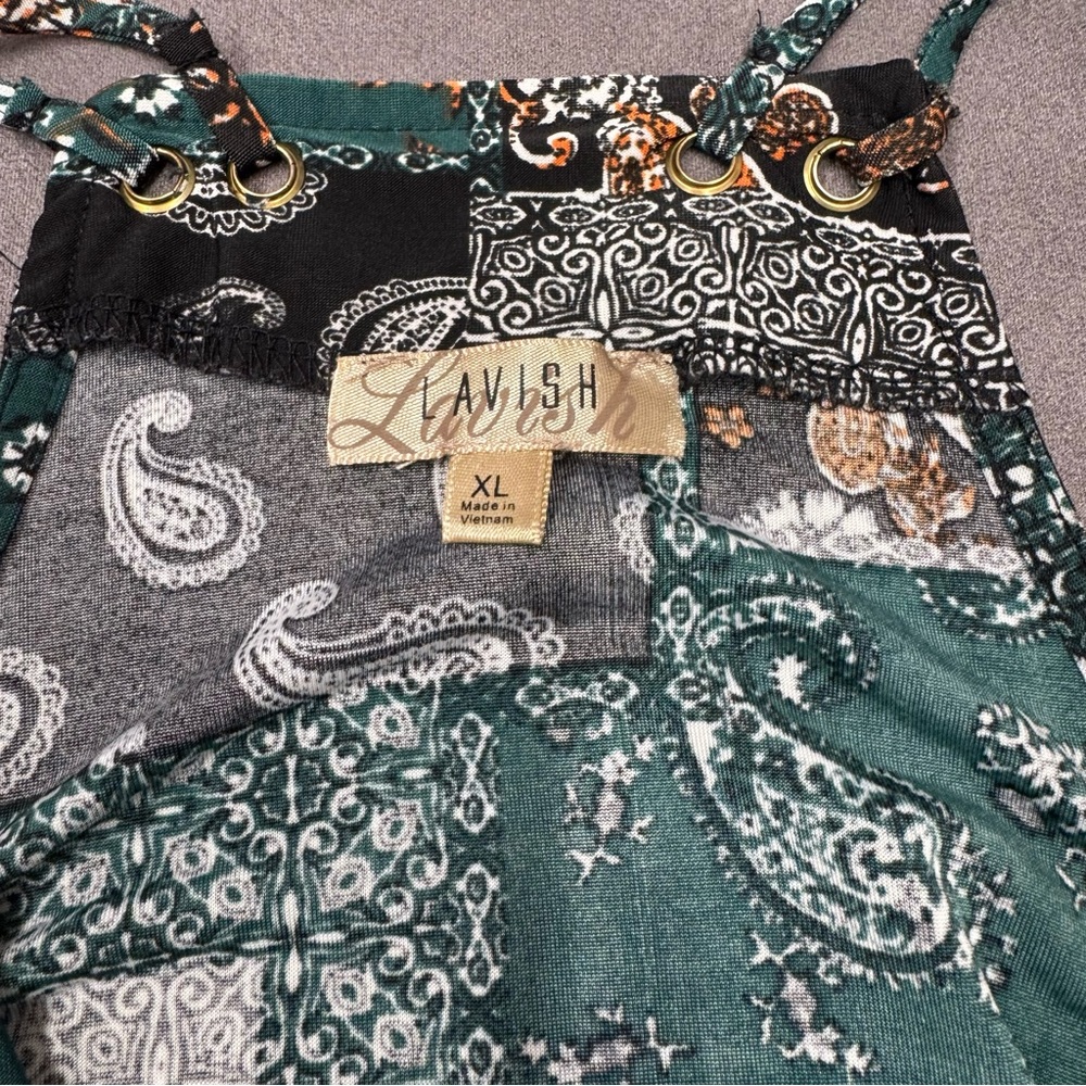 Lavish Green Black Patchwork paisley  print handkerchief hem cami Tank Top XL - Picture 3 of 8